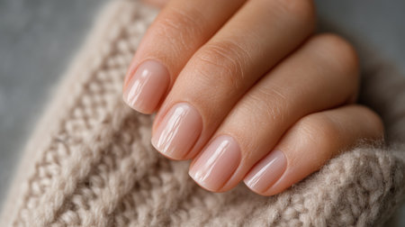 A close-up image of a woman's hand with natural nails resting gently on a soft knit sweater. The image captures warmth and elegance, highlighting beauty and relaxation.の素材