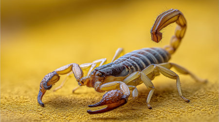 This captivating macro photograph showcases a scorpion in intricate detail against a vibrant yellow background, highlighting its unique features.の素材