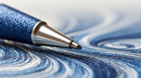 A close-up image features a shiny blue pen positioned atop a beautifully textured surface, displaying flowing abstract patterns in shades of blue.の素材