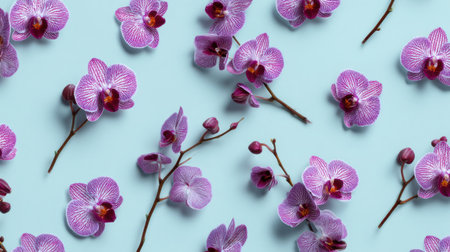 This stunning arrangement features delicate purple orchids set against a soft blue background, creating a harmonious and vibrant floral display ideal for design projects.の素材