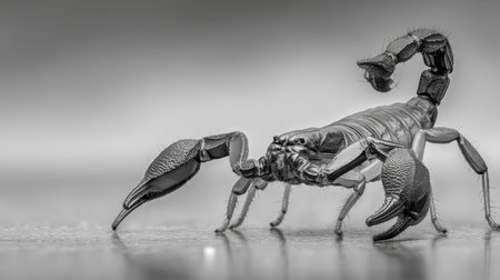 This stunning black and white close-up captures the intricate details of a scorpion on a surface, showcasing its unique features and form.の素材