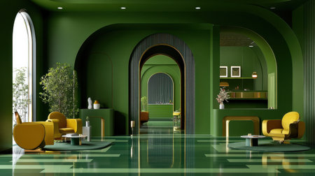 A striking modern interior space showcasing vivid green and yellow furniture. The composition features arches, stylish decor, and plants, creating an inviting and contemporary atmosphere.の素材
