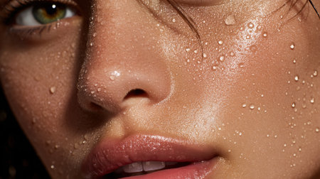 This close-up image captures the exquisite detail of a woman's face adorned with glistening dew, highlighting her radiant skin and natural beauty.の素材