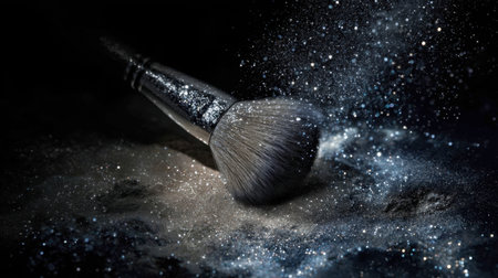 This captivating image features a makeup brush surrounded by glitter dust against a dark background, reflecting elegance and artistic flair.の素材