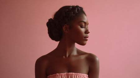 This captivating image features a woman with braided hair, embodying serenity and elegance against a soft pink background, showcasing natural beauty.の素材