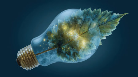 A captivating image of a light bulb containing a beautiful leaf, symbolizing the harmony between innovation and nature, highlighting eco-conscious design.の素材
