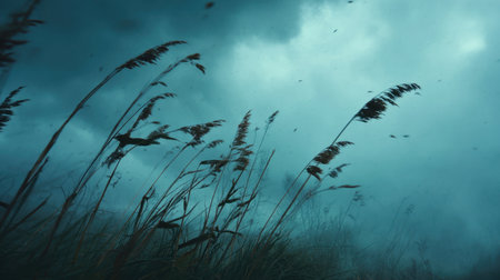 A haunting scene of tall grass swaying in the wind under a dark stormy sky. The clouds convey a sense of foreboding, creating a moody atmosphere.の素材
