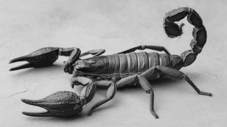 A striking close-up image of a black scorpion resting on a gray surface, highlighting intricate textures and details of its exoskeleton and claws.の素材
