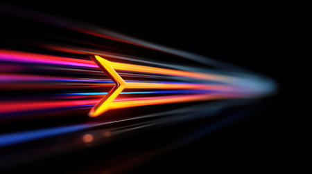 Dynamic abstract background featuring colorful light trails and an arrow shape, symbolizing speed and direction in a futuristic design.の素材