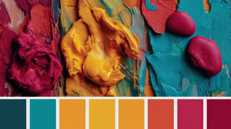 A dynamic close-up of vibrant paint textures and swatches showcases an inspiring color palette ideal for artists and designers seeking creative inspiration.の素材