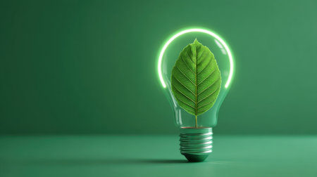 This captivating image features a light bulb with a green leaf inside, symbolizing the fusion of nature and energy. It represents sustainability and eco-conscious design.の素材