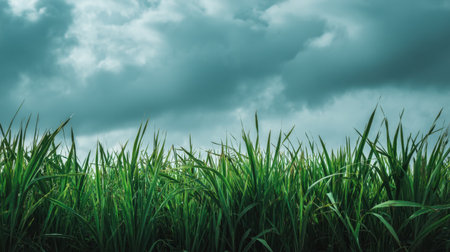 A vibrant view of lush green grass stretching toward a moody, cloudy sky. The dramatic interplay of dark blues and grays adds depth and emotion to the natural landscape.の素材