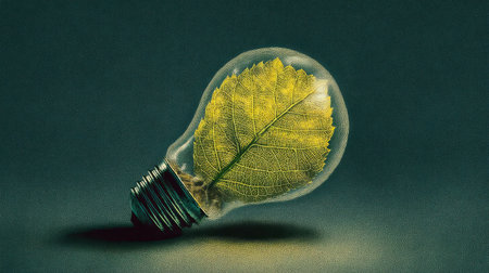 This captivating image features a light bulb containing a vibrant leaf, symbolizing the unity of nature and technology for sustainable energy innovations.の素材