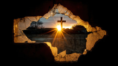 An evocative image of a broken wall revealing a stunning sunset with a cross in the background, symbolizing hope and renewal in an abandoned setting.の素材