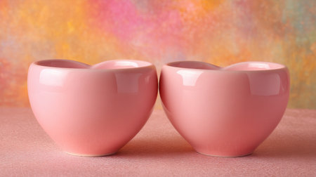 Two charming pink heart-shaped bowls sit elegantly against a soft colorful background. Ideal for romantic settings, gifts, or decor.の素材