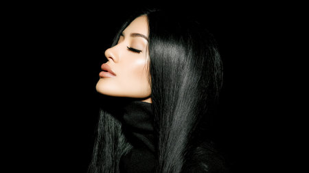 A stunning portrait capturing a woman's profile with long black hair, set against a dark background. The elegant lighting highlights her features, accentuating beauty and grace. Perfect for fashion and beauty themes.の素材
