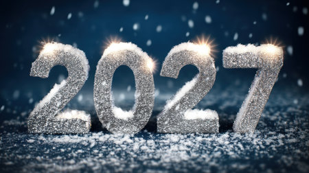 A stunning winter-themed image featuring the year 2027 represented in sparkling silver numbers, surrounded by soft snowflakes and shimmering lights.の素材