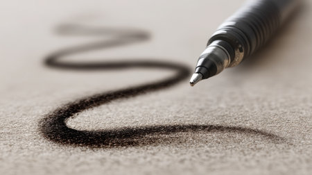 A close-up image showcasing a black pen gracefully drawing a curved line on a smooth paper surface, emphasizing the beauty of creative expression.の素材