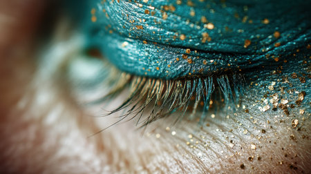 A stunning close-up of an eye adorned with turquoise eyeshadow and shimmering glitter, showcasing the artistry of modern makeup. This captivating detail highlights the elegance and creativity involved in beauty trends.の素材