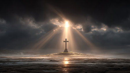 A stunning scene captures a cross bathed in radiant light against a backdrop of dramatic clouds. The peaceful landscape invites reflection and inspiration.の素材
