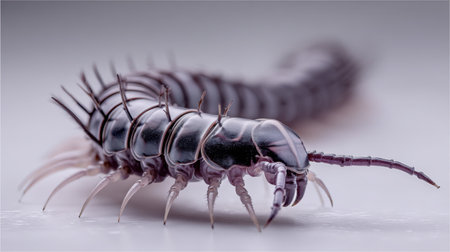This close-up photo captures the fascinating anatomy and textures of a centipede, revealing its segmented body and numerous legs. A stunning showcase of nature's design.の素材