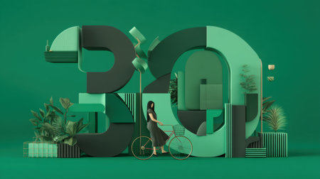 This unique image features a woman with a bicycle against a striking green backdrop. The vibrant number 30 is artistically integrated with lush foliage, emphasizing modern design and lifestyle aesthetics.の素材