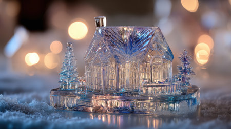 A beautifully crafted crystal house ornament designed to capture the serene magic of winter, glowing warmly in a festive setting.の素材
