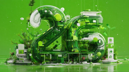 This vibrant digital artwork features the number twenty-six, representing innovation and sustainability in an eco-friendly environment filled with botanical elements.の素材