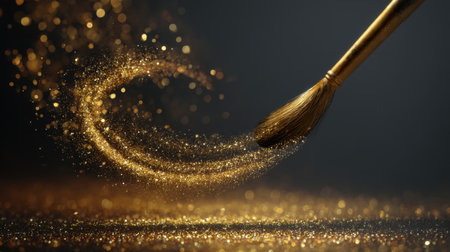 A closeup image showcasing a brush creating a swirl of golden glitter particles. The soft focus background enhances the artistic vibe. Perfect for creative projects.の素材