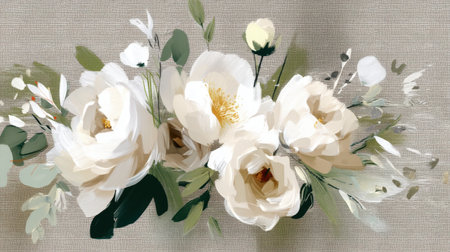 This stunning floral artwork features an elegant arrangement of white flowers and delicate greenery on a textured background, ideal for home decor.の素材