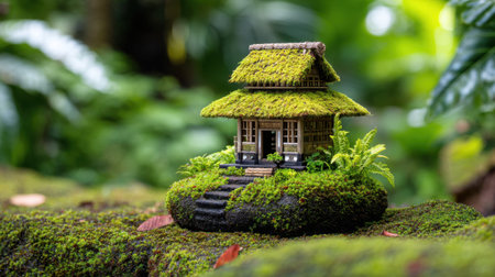 A charming miniature house rests atop a soft bed of moss, surrounded by lush greenery, capturing the essence of serenity and creativity in nature.の素材