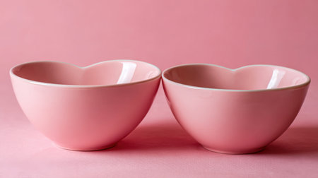 Cheerful pink heart-shaped bowls sit elegantly on a matching soft pink background, perfect for adding a romantic touch to any dining decor.の素材