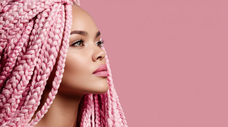 This stunning portrait features a woman with pink braided hair, exuding elegance and confidence. The vibrant pink background enhances the beauty of her distinctive hairstyle, making it a perfect representation of modern fashion trends.の素材