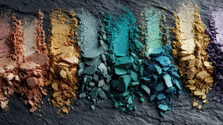 Vibrant and colorful powders arranged on a dark surface create a striking visual display, perfect for artistic projects and design inspiration.の素材