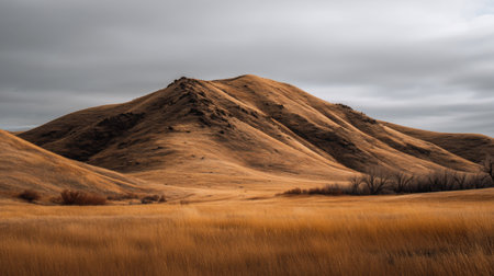 Experience the beauty of a serene landscape featuring golden grasses, rolling hills, and rocky outcrops beneath a dramatic cloudy sky.の素材