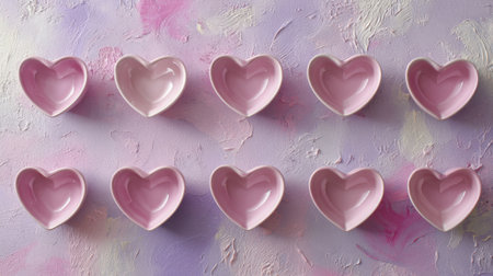 This image features ten pink heart-shaped dishes thoughtfully arranged on a soft, colorful background, perfect for table settings or romantic occasions.の素材