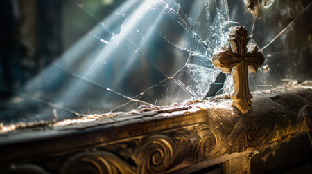 This evocative image captures a dusty cross in an abandoned church, illuminated by beams of sunlight. Cobwebs enhance the serene and nostalgic atmosphere.の素材