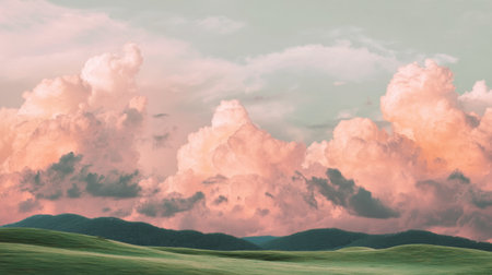 A stunning landscape featuring soft pink clouds hovering majestically over rolling hills. This tranquil scene captures the beauty of nature during dusk, inviting a sense of peace and relaxation.の素材