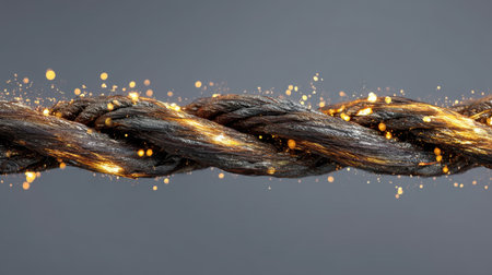 This close-up image showcases a beautifully twisted rope, enhanced by glowing sparks against a dark background. Ideal for decorative or artistic projects.の素材