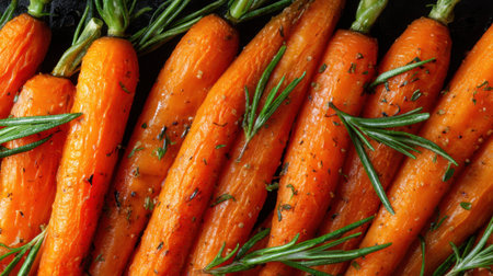 This image features freshly roasted carrots accented with fragrant herbs, creating a colorful and appetizing display on a dark background, perfect for culinary inspiration.の素材