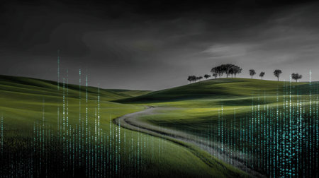 A captivating landscape showcasing rolling green hills and a tranquil path, enhanced with a digital matrix overlay that symbolizes the interplay between nature and technology.の素材