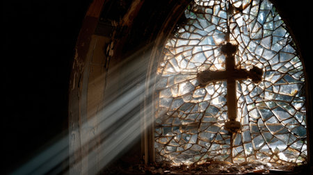 A captivating image of light rays streaming through a broken stained glass window, featuring a cross symbol. The scene evokes a sense of serenity and reflection in an abandoned space.の素材