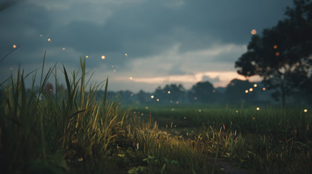 Explore the enchanting beauty of a serene evening landscape featuring glowing fireflies dancing above lush green grass under a dusky sky.の素材