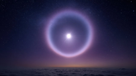 An awe-inspiring view of a colorful halo around the bright sun, set against a backdrop of clouds and stars at dawn, perfect for nature lovers.の素材