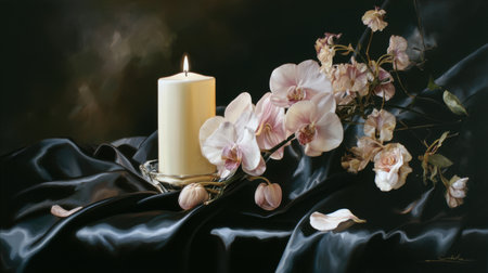 A serene still life featuring a glowing candle next to elegant orchids on luxurious silk fabric. The soft lighting enhances tranquility and beauty.の素材