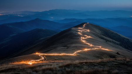 A picturesque mountain path illuminated by warm lights leads through tranquil hills under a starry night sky, with gentle contours and distant city lights.の素材