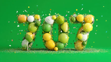 Bright and playful 3D number 707 surrounded by colorful spheres and confetti against a vibrant green background, symbolizing celebration and joy.の素材