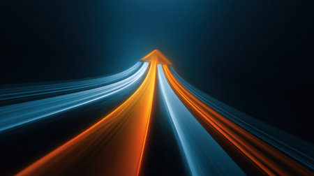 This dynamic abstract image features a vibrant arrow made of bright light trails against a dark backdrop, symbolizing direction and progress.の素材