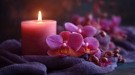 A tranquil arrangement featuring a pink candle and vibrant orchid blossoms on soft fabric, perfect for creating a serene ambiance in any space.の素材