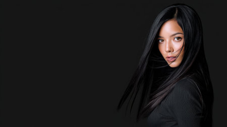 A captivating portrait of a young woman with long dark hair, exuding confidence and grace against a sleek black background, perfect for beauty themes.の素材